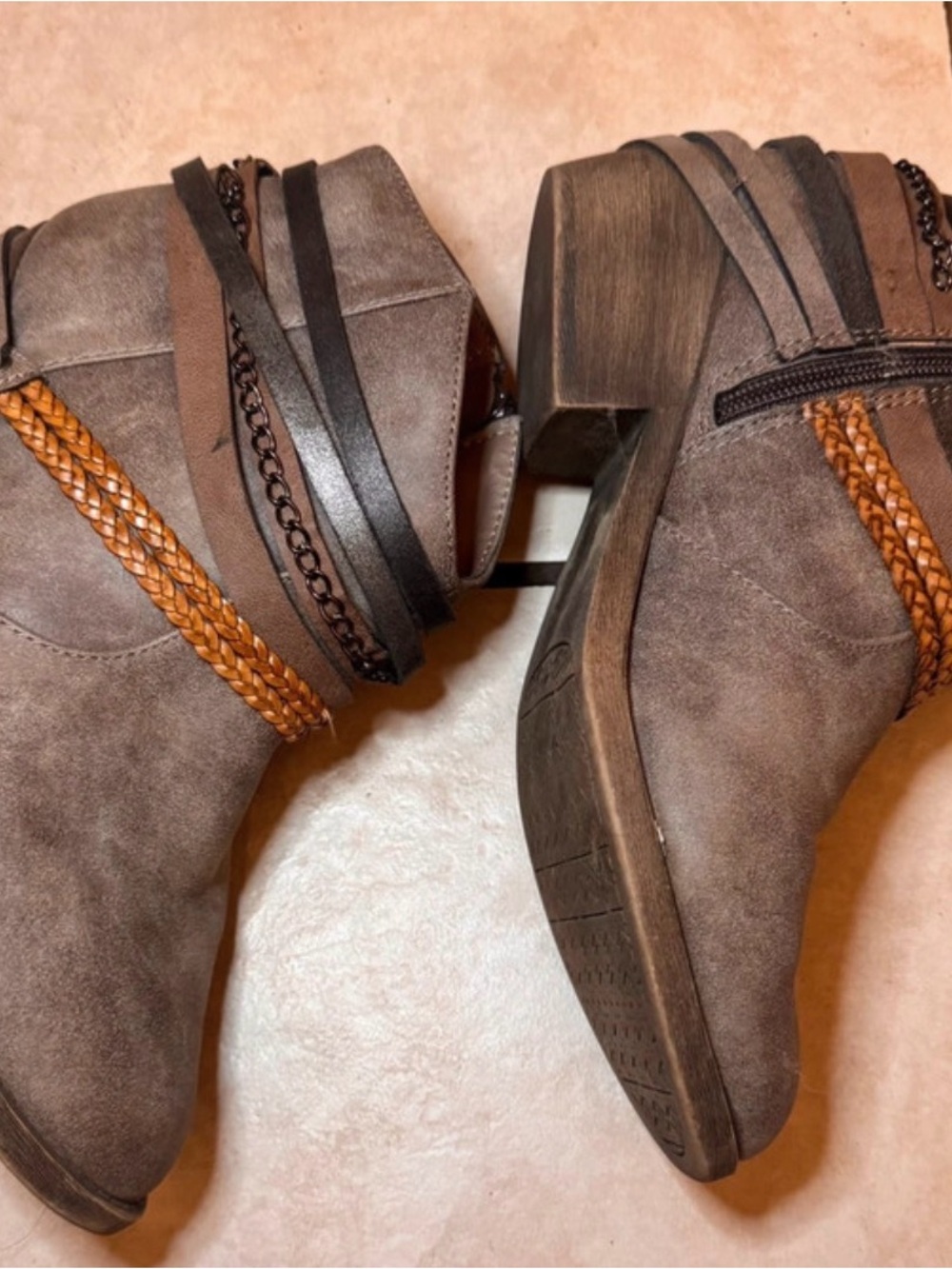 Khols womenโs Taupe Ankle Boots with Braided Accent